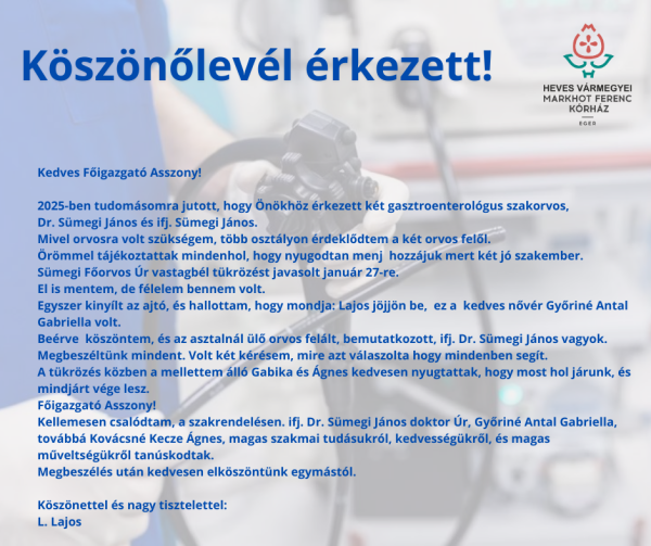 Köszönet a Gasztroenterológia szakrendelés munkatársainak