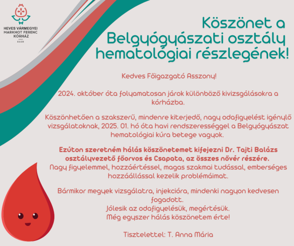 Köszönet a  Belgyógyászati osztály  hematológiai részlegének!