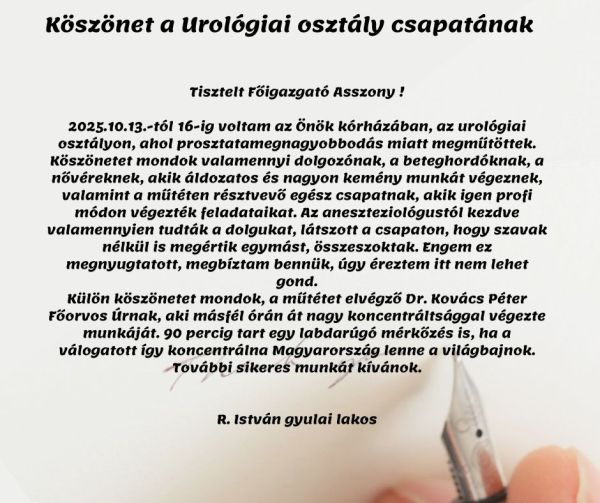 Köszönet az Urológiai osztály csapatának