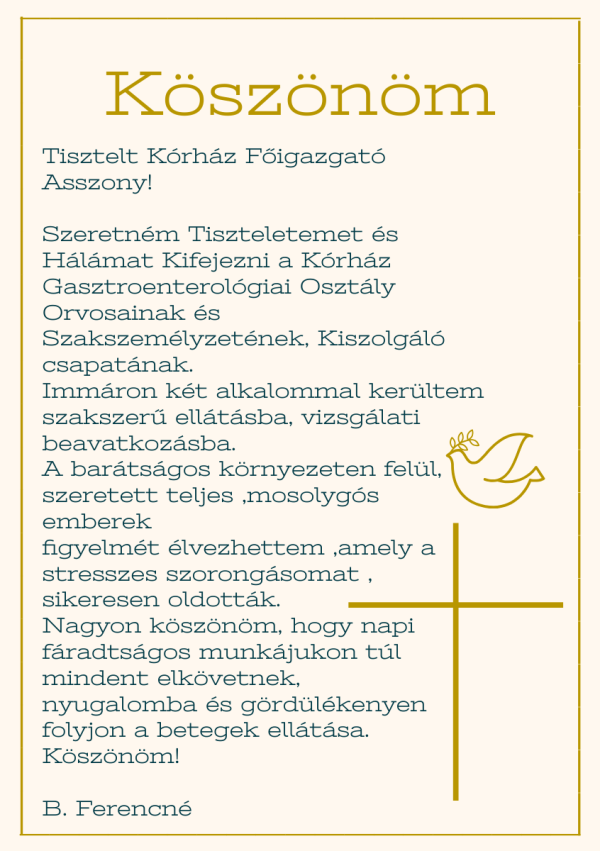 Köszönetlevél a Gasztroenterológiai Osztály Orvosainak és Szakszemélyzetének