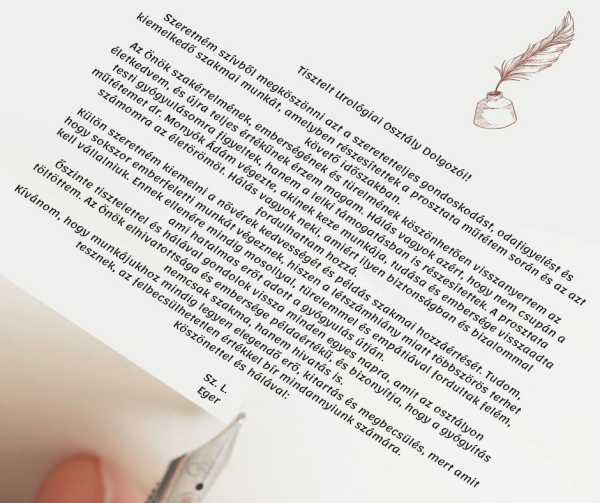 Hálás köszönet érkezett Urológiai osztályunk dolgozóihoz 