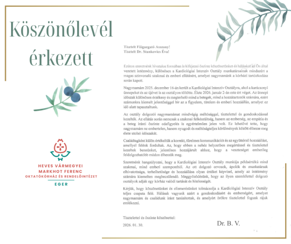 Köszönet a Kardiológiai osztály munkatársainak