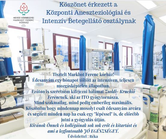 Köszönet érkezett a  Központi Aneszteziológiai és  Intenzív Betegellátó osztálynak